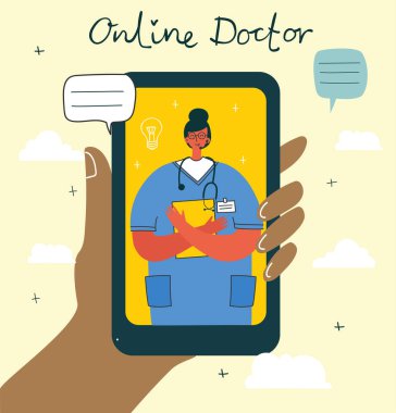 Gezici ekrandaki doktorun çizgi film karakteri, covid, corona virüsü, vektör 