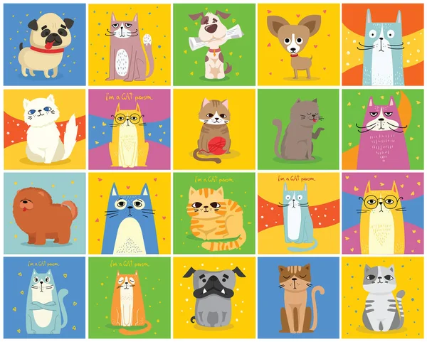 Kolorowe Wektor Ilustracja Sztuka Kreskówek Zestaw Kolekcji Śmieszne Psy Koty — Wektor stockowy