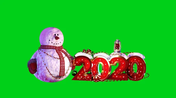 Snowman with the number 2020. Green background. 3D Render . — Stock Photo, Image