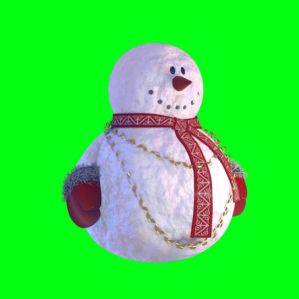 Muñeco de nieve con manoplas y bufanda. Fondo verde. Renderizado 3D  . —  Fotos de Stock