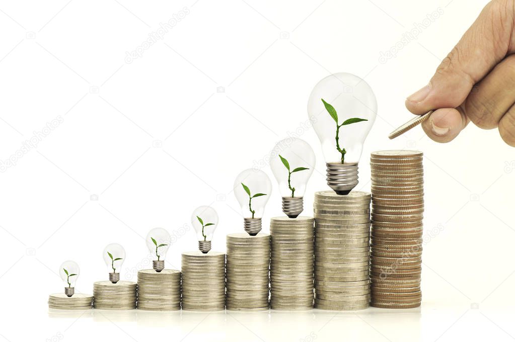 pile of money  with tree and bulb isolated on white background, concept in save money and finance growing