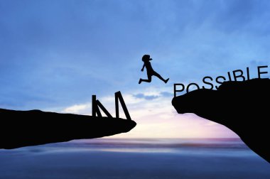 silhouette people jumping over the rock frome word impossible to possible clipart