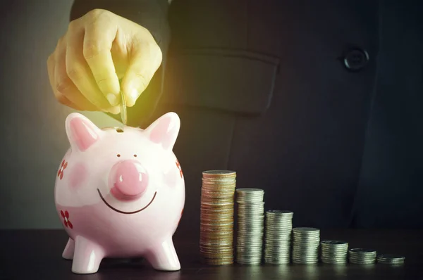 La mano de las empresarias puso la moneda en la orilla rosa con el pequeño árbol verde, concepto en ahorrar dinero — Foto de Stock