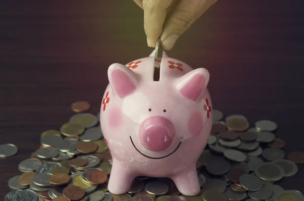 Hand put money on pink of piggy bank , concept in growth, save and investment in business — Stock Photo, Image