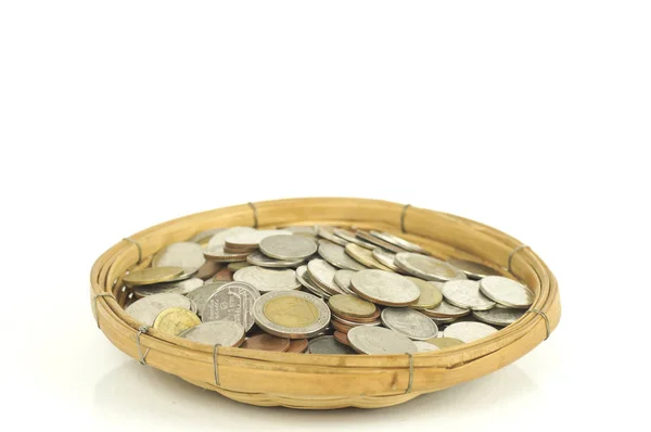 Coins money in basket isolated and white background — Stock Photo, Image