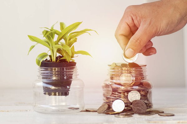 hand put coin  at  bottle of  money on white background, concept in growth, save and investment in business