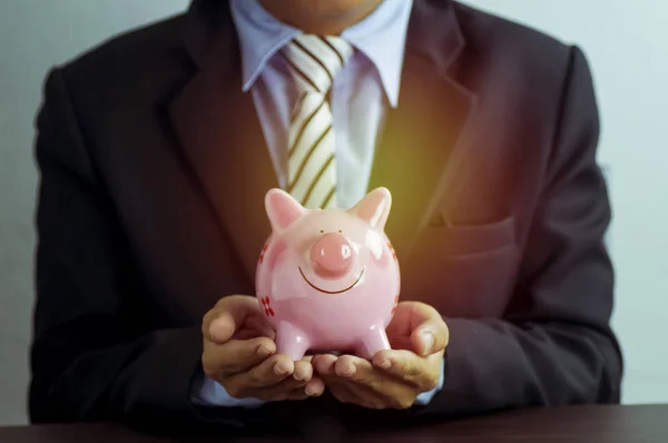 Hand Businessman Holding Piggy Bank Concept Investment — Stock Photo, Image
