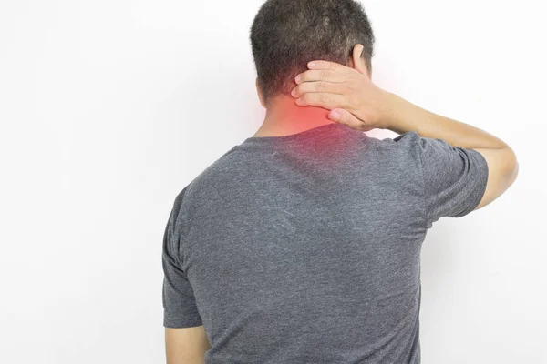 Hombre Tiene Dolor Cuello Mano Tacto Con Dolor — Foto de Stock