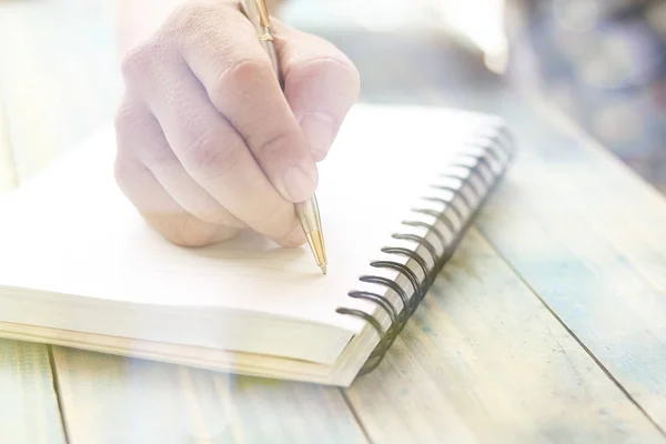 Mano Gente Escritura Del Estudiante Nota Cuaderno Mesa Madera Con — Foto de Stock