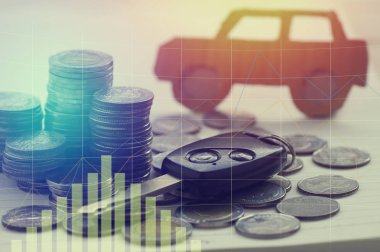 para sikke ve anahtar, sigorta, kredi, finans ve araba arka plan satın alma kavramı kazık