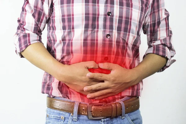 Hombre Tiene Dolor Estómago Aislado Sobre Fondo Blanco Concepto Como — Foto de Stock