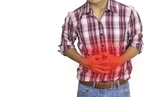 Hombre Tiene Dolor Estómago Aislado Sobre Fondo Blanco Concepto Como — Foto de Stock