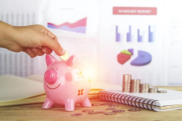 Hand Put Money Pink Piggy Bank Pile Coins Concept Growth — Stock Photo, Image