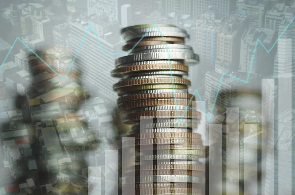 Double exposure of stacked of coin money and city with account book finance and banking concept for background.concept in grow and walk step by step for success in business