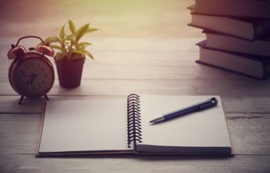 defter ve kalem masanın üstünde.