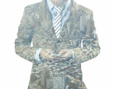 iş adamı çift pozlama basın ve beyaz arka plan üzerinde izole telefon oynamak