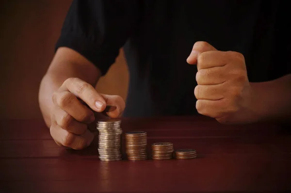 Hand Business Man Put Money Pile Coinsm Concept Growth Saving — Stock Photo, Image