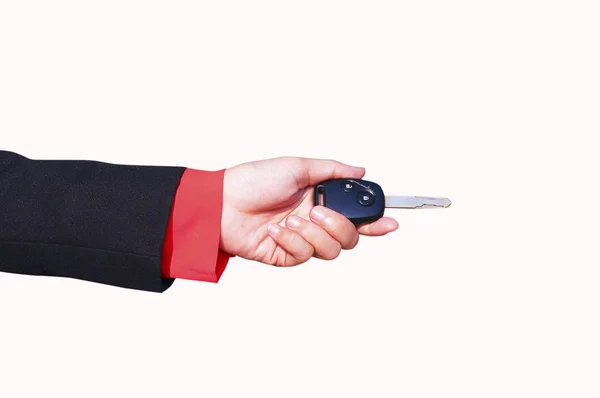 Hand Hält Autoschlüssel Isoliert Auf Weißem Hintergrund — Stockfoto