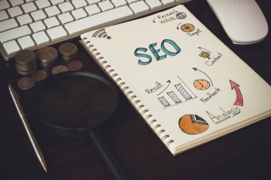 Seo ve grafik kağıdına Büyüteç, para sikke üzerinde çalışma tablosu Üstten Görünüm