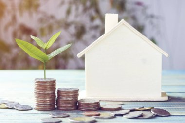 para, kredi, satış-, finans, mortgage ve ev satın alma hakkında iş ev ahşap ve çalar saat, kavramı ile büyümek sikke çakma