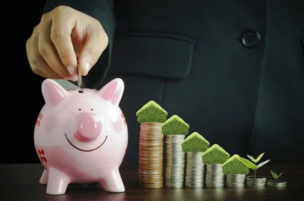 Business People Put Coin Piggy Bank Stacked Money Coins Growing — Stock Photo, Image