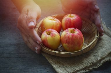 elma veren genç el kavram ve gıda koyu tonda bağış