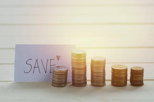 Money coin deposit of save money for prepare in the future. save sign with coin on table