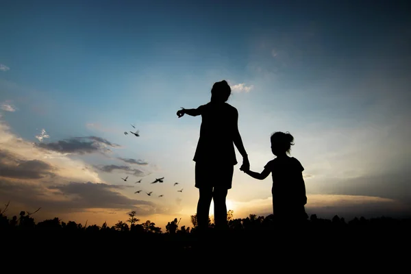 Silueta madre celebración hija mirando pájaro volando, concepto — Foto de Stock