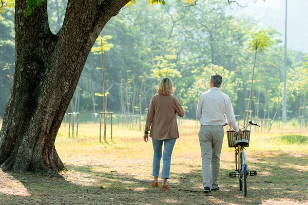 Old Love Couple Walking Bike Talking Park Senior Romantics Concept — Stock Photo, Image