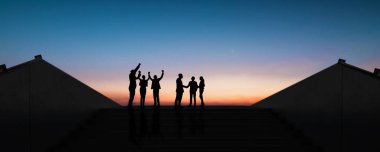 Grup iş adamlarının silueti, ofis ve şirket konseptinde başarı ve ortaklık