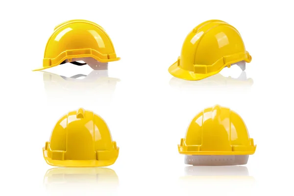 设置黄色尊重头盔 白色背景隔离的工业安全建筑工具 — 图库照片