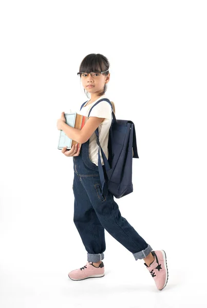 Jovem Asiático Menina Estudante Segurando Livro Com Saco Escola Isolado — Fotografia de Stock