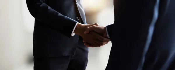 Professional young business people handshake with partner after successful communication, negotiation, financial success and corporate celebration of start up, best marketing and to goal achievement