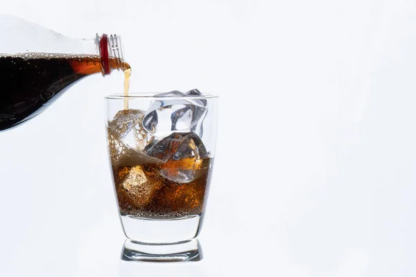 Cold Drinking Pouring Soda Bottle Glass Cola Ice Hot Summer — Stock Photo, Image