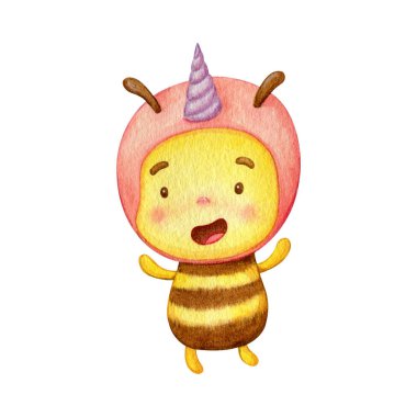 Tek boynuzlu at gibi giyinmiş komik arı. Tatlı suluboya karakter çizimi. Tebrik kartları, çocuklar için kumaşlar, posterler.