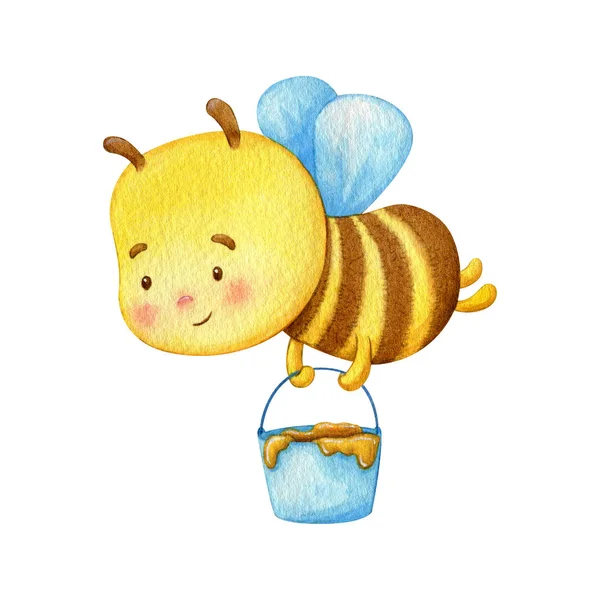 蜜蜂工带着一桶蜂蜜飞走了 水彩画一个可爱的小昆虫 儿童用品 — 图库照片