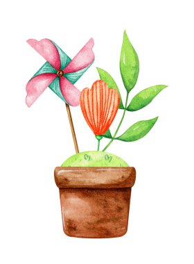 İçinde yel değirmeni, çimen, yaprak ve çiçek olan saksı. Suluboya resmi beyaz arkaplanda izole edildi.