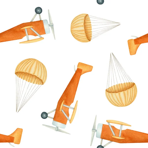 Handbeschilderde Aquarel Reizen Naadloos Patroon Technische Weefseltextuur Met Vlak Parachute — Stockfoto