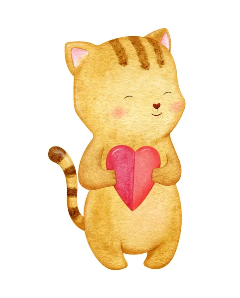 Adorable Little Brown Cat Heart Romantic Character Illustration Watercolor — Stock Photo, Image