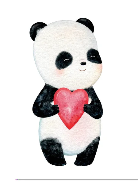 Cute Little Panda Rose Cheeks Hand Painted Watercolor Illustration — Stock Photo, Image