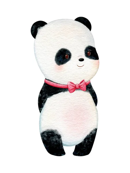 Söt Liten Panda Med Rosenkinder Handmålade Akvarell Illustration — Stockfoto