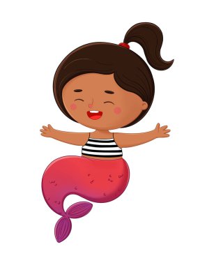 Şirin, siyah saçlı deniz kızı çizimi. Dijital renkli sualtı peri masalı karakteri