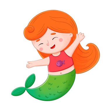 Şirin, kızıl saçlı deniz kızı çizimi. Dijital renkli sualtı peri masalı karakteri