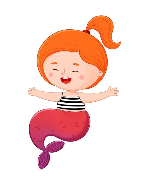 Şirin Kızıl Saçlı Deniz Kızı Çizimi Dijital Renkli Sualtı Peri — Stok fotoğraf