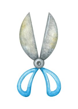 Renkli suluboya makas. Mevsimlik tasarım ve çıkartmalar için bahçe aletleri kullanılıyor. Beyaz arkaplanda tek bir nesne izole edildi.