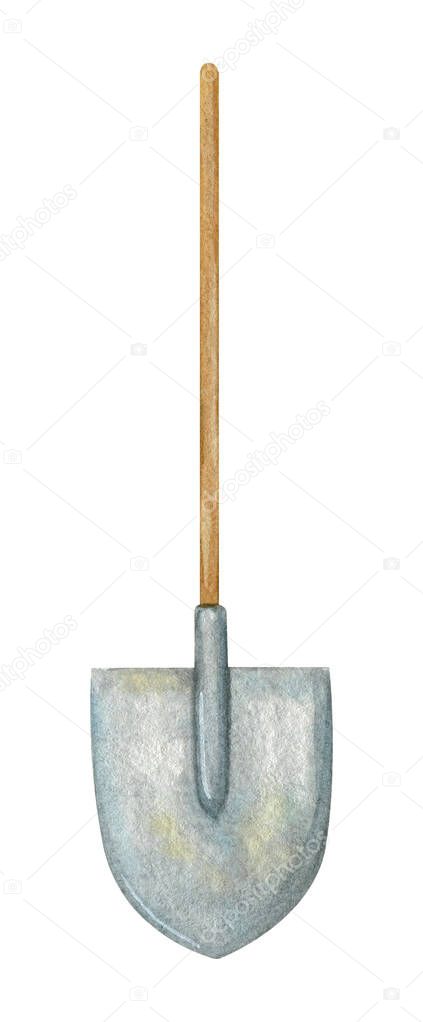 Watercolor shovel drawing isolated on white background. Metal gardening tool for seasonal design, sticker, greeting card.