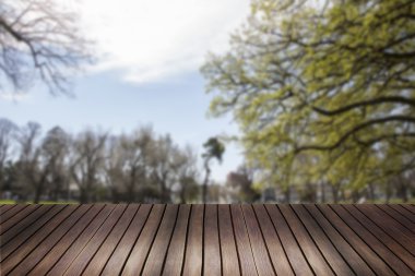 Doğa park arka plan ve Summer bulanık ağaçları ile ahşap zemin