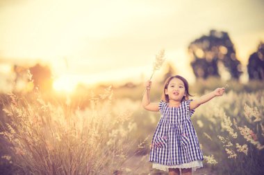 Bir alandaki doğal çiviler ile yaz oynarken mutlu sevimli çocuk 