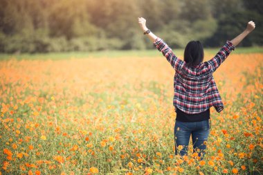Sarı çiçek alan gün batımında güzel kız. fr kavramı