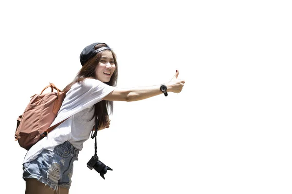 Young beautiful woman hitchhiking on white background. isolated — Stock Photo, Image